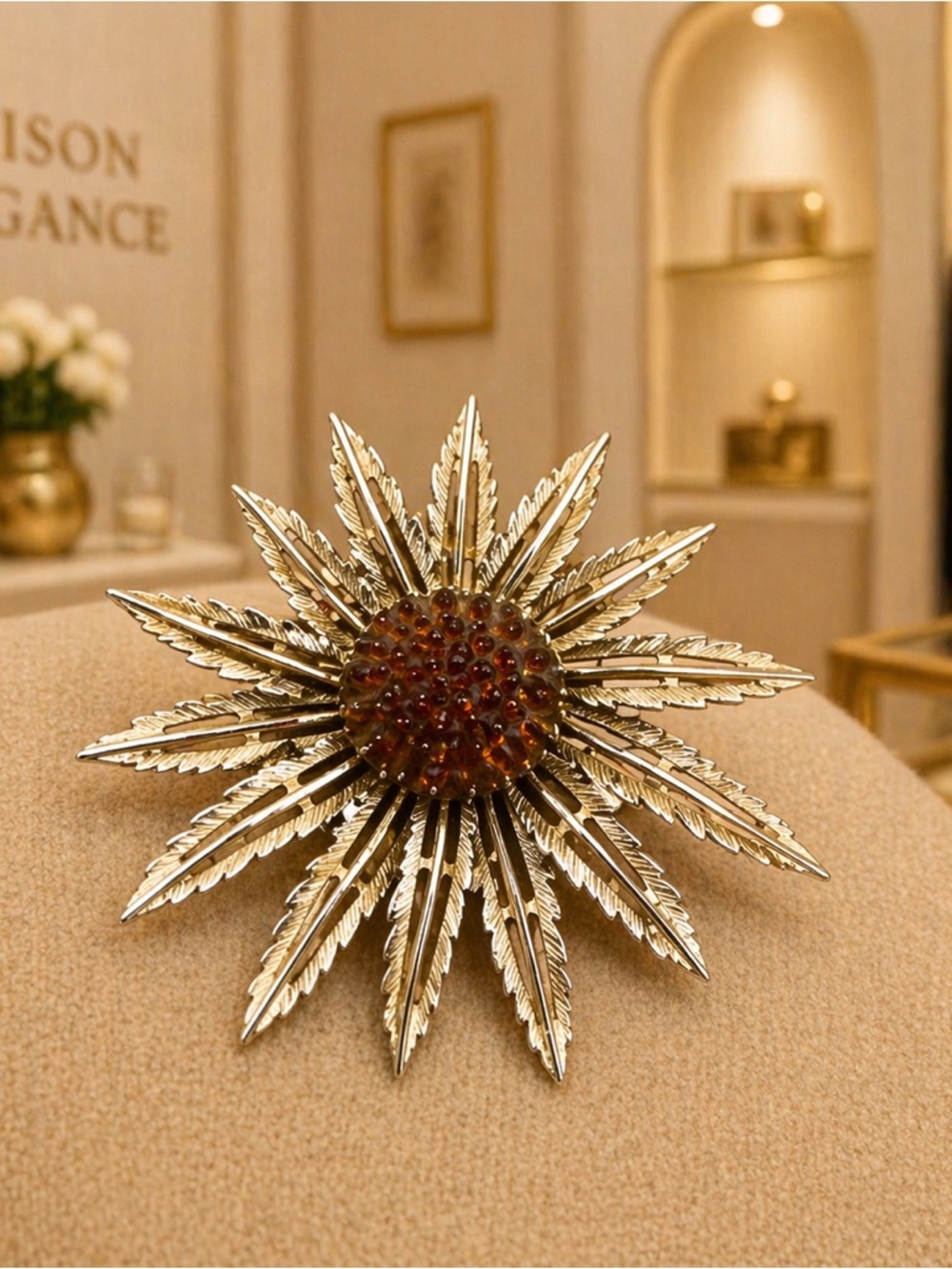 Vintage SARAH COVENTRY Flower Gold Tone Amber Brooch Large Floral